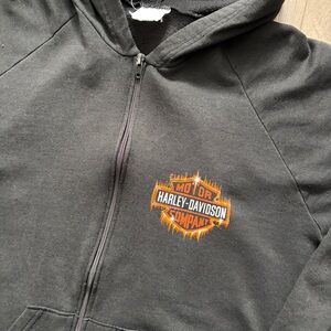 90s Harley-Davidson Faded Black Zip-Up Hoodie Large Vintage Raglan Style